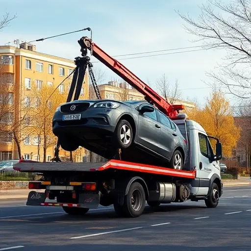 A realistic scene of a tow truck (evakuator) operating on a Moscow street in the Kuntsevo district, with a damaged car being lifted onto the truck's platform. The background shows typical Kuntsevo residential buildings and trees, under a clear sky. The focus is on the tow truck and the vehicle, conveying a professional vehicle evacuation after an accident.