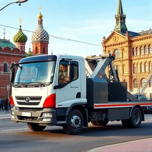 Вызвать эвакуатор Москва: Дешево и Выгодно – Полный План A modern tow truck parked on a Moscow street, with recognizable city architecture such as the Kremlin dome and red brick buildings in the background. The scene shows a friendly driver opening the truck's rear door, ready to assist, under a clear sky. The composition emphasizes the vehicle and the urban setting, conveying affordability and reliability, without any text, letters, or numbers.