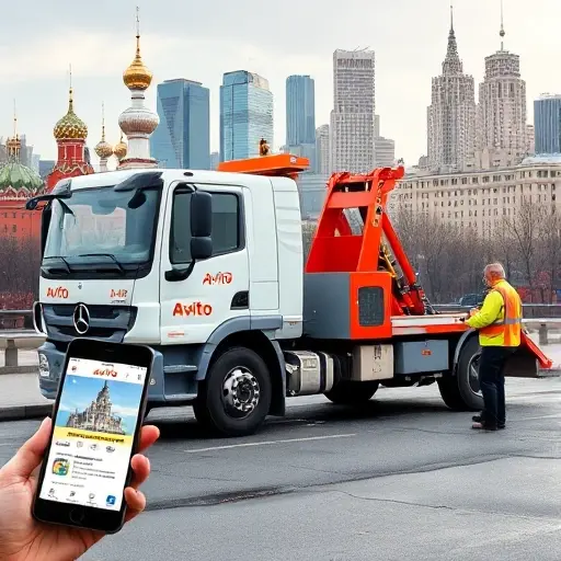 A used tow truck parked in front of a Moscow cityscape, with a subtle Avito logo on its side, a phone displaying a tow service app, and a person in a work jacket inspecting the truck, all rendered in a realistic style
