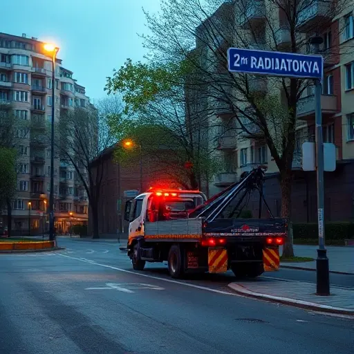 Вызов эвакуатора на 2-ю Радиаторскую улицу: Полное руководство A realistic scene of a tow truck parked on a quiet urban street with typical Russian apartment buildings, trees, and a road sign indicating a street, but without any visible text or numbers. The tow truck is illuminated by street lights, showing the vehicle’s hook and ladder, conveying the idea of a tow service on 2nd Radiatorskaya Street.
