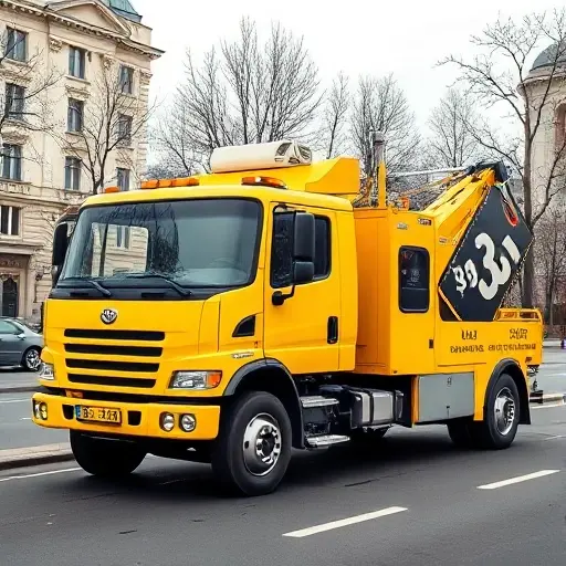 A bright yellow towing truck parked on a typical Moscow street, with a large, stylized price tag icon hanging from its side and a distance meter icon displayed on the front, all rendered in a clean, realistic style without any text or lettering.
