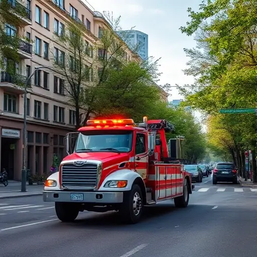 A realistic scene of a tow truck working on a city street in the Lomonosovsky district, with surrounding urban buildings, trees, and a clear sky, focusing on the vehicle and its environment, without any text, letters, or digits