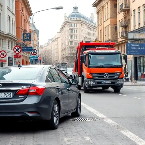 A realistic scene of a broken down car on a street in the lower part of Moscow, with a tow truck arriving to assist. The background shows typical Moscow architecture and street signs, but no visible text or numbers. The focus is on the tow truck, the vehicle, and the urban environment, conveying preparation for calling a tow service.