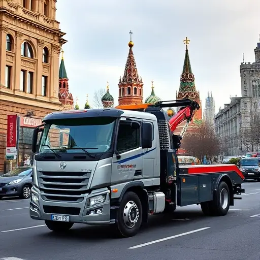 Эвакуатор Молжаниновский, Москва: Полное руководство A realistic depiction of a modern tow truck parked on a busy Moscow street, with iconic Moscow skyline in the background, showing the truck's front and side, no text or logos