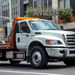 A tow truck (evacuator) in a city street, pulling a damaged vehicle with a visible broken wheel or shattered bumper. The scene should have clear lighting, a realistic urban background, and no people, no text, no letters, no digits, no weapons, no violence.