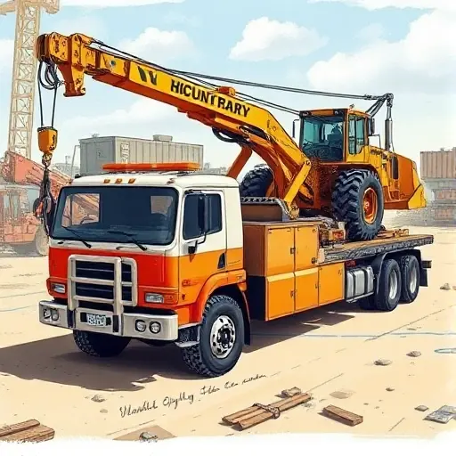 A detailed illustration of a specialized tow truck designed for heavy machinery, featuring a large hydraulic crane arm, a reinforced flatbed, and a heavy‑duty winch. The truck is positioned in a construction site setting with a partially lifted piece of heavy equipment, such as a bulldozer or crane, being secured by the tow truck's hydraulic system. The scene emphasizes the robust build and mechanical components of the tow truck, showcasing its capability to handle large, heavy loads.