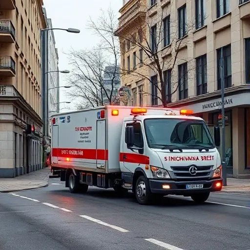 A realistic tow truck (evacuator) parked on a typical urban street named 1st Sinichkina Street, with surrounding buildings, street lamps, and a clear road surface, conveying a professional service guide atmosphere