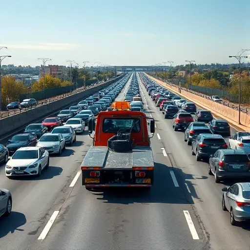 A realistic scene of a tow truck (evakuator) on the Leningrad Highway near Moscow, positioned in the middle of a heavy traffic jam. Cars are lined up on both sides of the road, showing dense traffic flow. The highway stretches into the distance under a clear sky, with visible road markings and surrounding urban landscape. The focus is on the tow truck and the congestion, without any text or signage.