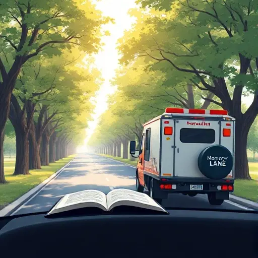 A realistic illustration of a tow truck (evacuator) parked on a serene tree‑lined avenue called "Memory Lane", with gentle sunlight filtering through the leaves, the road smooth and slightly winding, subtle hints of an open guidebook on the passenger seat, focusing on the vehicle and tranquil atmosphere, no text or letters visible