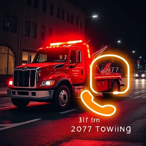 эвакуатор круглосуточно цена вызвать A bright red-lit tow truck parked on a city street at night, with a glowing phone handset icon beside it, indicating 24/7 towing service availability. The scene should convey urgency and readiness, with the truck's lights reflecting on wet pavement.