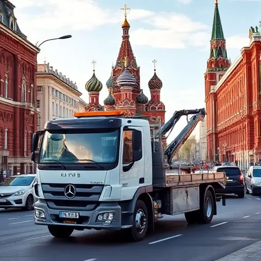 A realistic scene of a modern tow truck parked on a busy Moscow street, with recognizable Moscow architecture such as the Kremlin dome and red brick buildings in the background, under a clear sky. The tow truck is highlighted, showing its ladder and hook, while the surrounding traffic and city life continue, conveying the idea of a reliable towing service in the city.