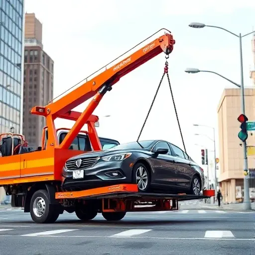 A realistic scene of a tow truck (evacuator) on a city street, using its crane to lift a broken-down car onto its platform. The tow truck is painted in bright orange with reflective stripes, the broken car is a sedan with visible damage. The background shows urban buildings, a clear sky, and subtle traffic signs, but no text or logos. The composition focuses on the machinery and the action of the tow, with detailed metal textures and realistic lighting.