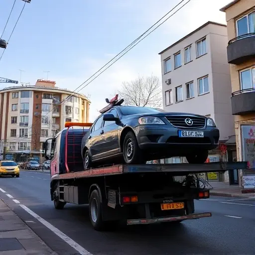 A realistic scene of a tow truck operating in the Nagorny district, with urban streets, buildings, and a parked vehicle being lifted onto the truck's platform under a clear sky, no text or signage visible