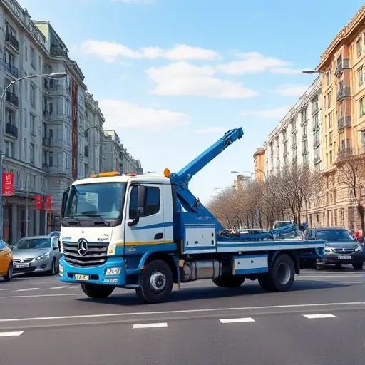 A realistic small-scale high-quality illustration of a blue and white tow truck with a hydraulic manipulator arm, positioned on a busy Moscow street with typical Russian apartment buildings, streetlights, and a few cars, under a clear sky. The focus is on the truck and its arm, with the city background slightly blurred.