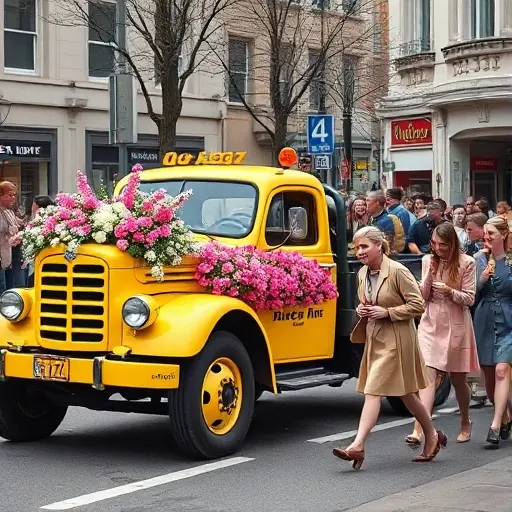 Эвакуатор на 4-й улице 8 марта: Полное руководство A bright tow truck parked on a bustling 4th street, decorated with pink and white flowers, with a crowd of women in spring attire passing by, reflecting a festive March 8th atmosphere