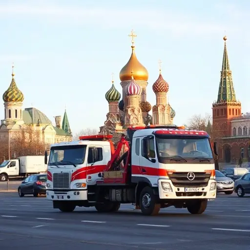 A realistic scene of a tow truck operating on a road near Moscow, with recognizable Russian architecture in the background such as domed churches or modern high‑rise buildings, a vehicle being towed, and a clear sky; the composition should focus on the tow truck and the surrounding environment without any text, letters, or numbers