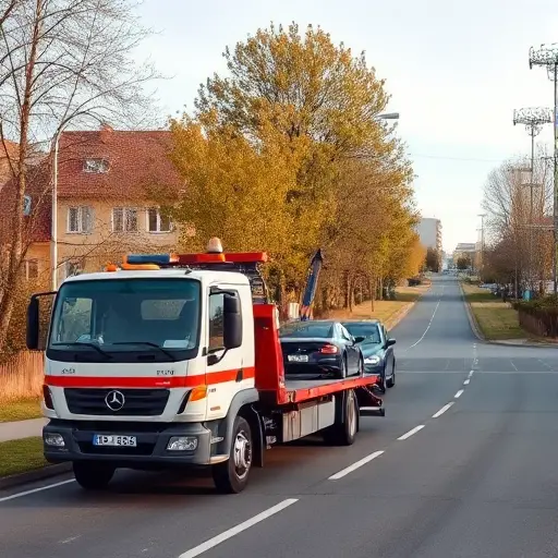 A tow truck in a suburban Moscow region setting, assisting a broken-down car on a quiet road surrounded by typical Russian houses and trees, with the tow operator loading the vehicle onto the truck, under a clear sky, realistic lighting, no text or signage