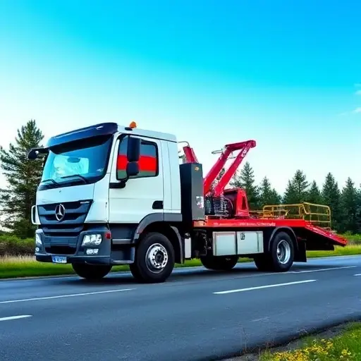 A realistic tow truck parked on a scenic Belarusian road, with the truck's cab and winch visible, a subtle Belarusian flag on the side, and a backdrop of pine trees and a clear sky. The scene should convey the purpose of towing services in Belarus, with a clean, professional look.