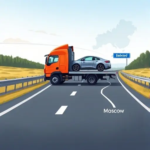 A realistic small-scale high-quality illustration of a tow truck traveling on a highway between Moscow and Belgorod, gently lifting a car onto its platform to emphasize careful handling and avoidance of vehicle wear, with a smooth road, clear sky, and a subtle map outline indicating the route, without any text or logos.