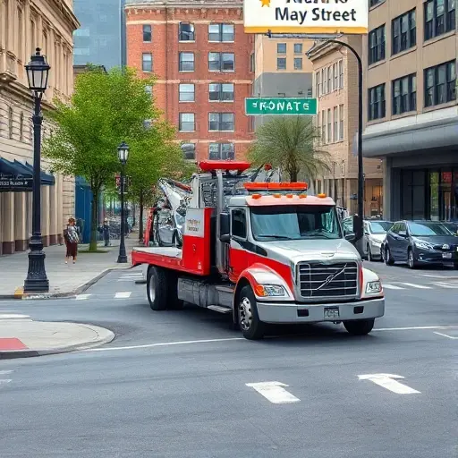 A realistic scene of a tow truck parked on a city street named May Street, with the truck's hook attached to a small car, surrounded by typical urban elements like sidewalks, street lamps, trees, and parked buildings, all rendered in a compact high-quality style without any visible text, numbers, or logos.
