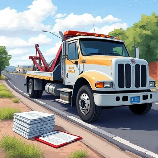 A realistic illustration of a towing truck parked on a roadside, with a stack of paperwork and a clipboard beside it, all depicted in a detailed, high-resolution style, no text or lettering visible