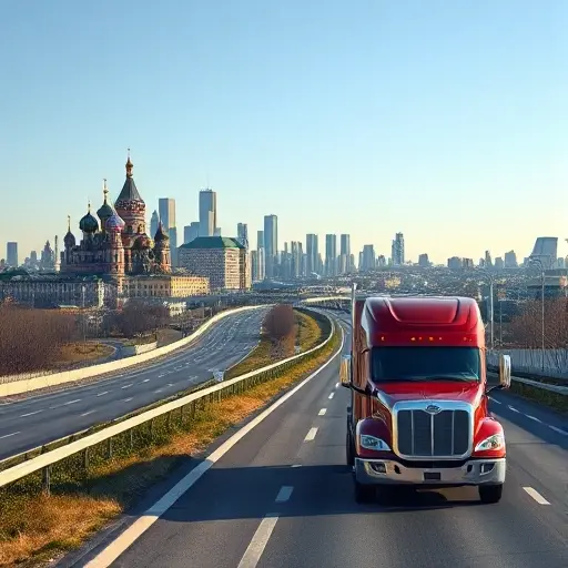 эвакуатор москва тамбов A tow truck driving on a highway with a blend of Moscow and Tambov city skylines in the background, under a clear sky, realistic rendering, smallHQ style