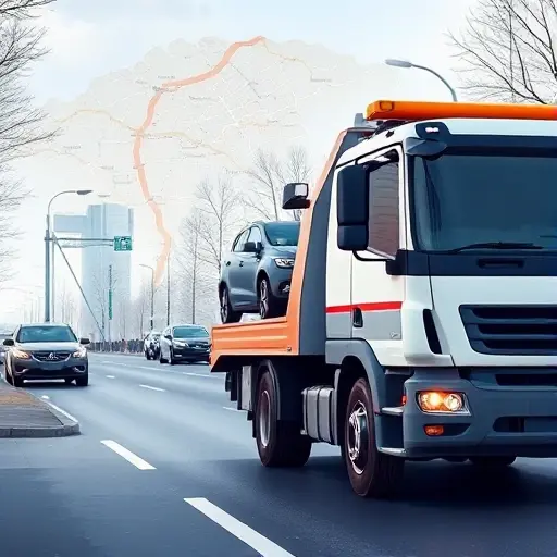 A realistic illustration of a modern tow truck parked on a Moscow street, with a visible distance meter on the truck's side and a subtle map overlay of Moscow in the background, showing a highlighted route. The scene conveys the concept of towing services and distance-based pricing, with no text or numbers visible.
