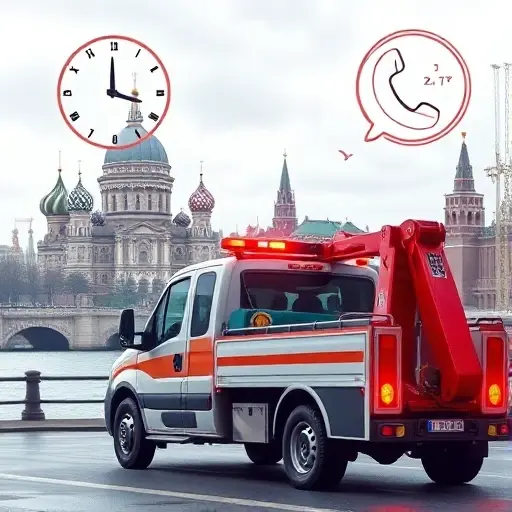 A realistic illustration of a tow truck operating in Moscow, with recognizable city landmarks such as the Kremlin dome and the Moscow River in the background. The scene conveys affordability and 24/7 service through visual cues like a subtle clock face showing all hours and a simple phone handset icon floating nearby, without any text. The tow truck is highlighted, showing its hook and lights, set against a slightly overcast sky to emphasize reliability at any time.