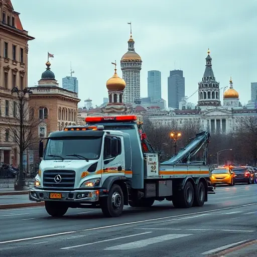 A realistic tow truck parked on a street in the Basmanny district of Moscow, with the iconic Moscow skyline in the background, no text or signage, no people, no other cars