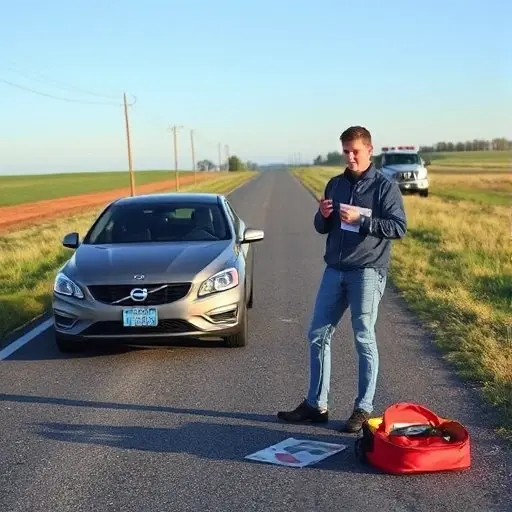 A stranded car on a quiet country road, a person standing beside it holding a phone and a roadside assistance manual, looking concerned. The scene shows a clear sky, a small tow truck in the distance, and a roadside assistance kit on the ground. No text or lettering visible.
