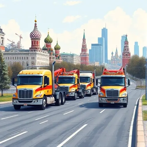 A realistic illustration of multiple types of heavy-duty truck tow trucks operating on a Moscow city street, featuring the recognizable Moscow skyline and urban elements, showing the tow trucks' equipment and capabilities without any text, logos, or signage.