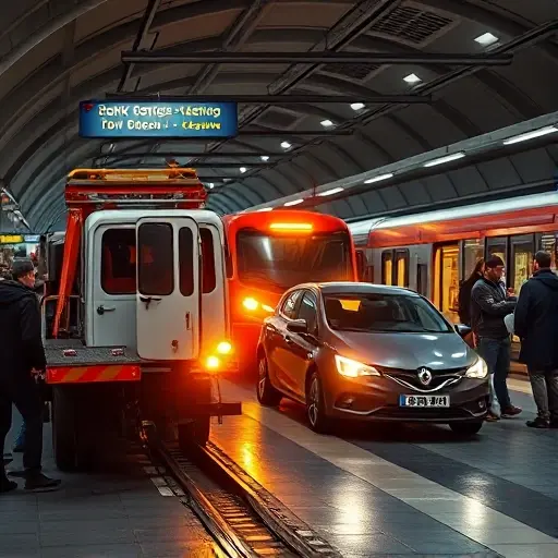 A tow truck pulling a broken car out of a busy Moscow metro station during rush hour, with commuters and a metro train in the background, illustrating the convenience of using a tow truck
