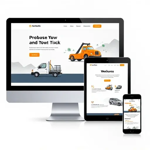A modern, clean interface of a tow truck service website displayed simultaneously on a desktop monitor, a tablet, and a smartphone, showcasing adaptive design with consistent layout and imagery, featuring a tow truck illustration and service icons, all in a subtle gradient background, no text or branding visible