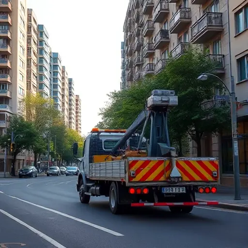 A realistic scene of a tow truck operating on a city street called Lyuberetsky Passage, showing the vehicle with its crane and hook parked beside modern apartment buildings, with street trees, traffic lights, and a clear sky. The focus is on the tow truck and the urban environment, without any visible text, signs, or logos.