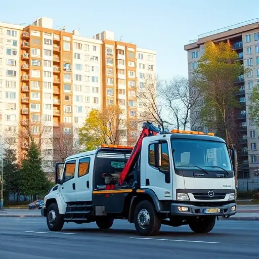A realistic scene of a modern tow truck (evakuator) parked on a street in the Odradnoe district of Moscow, with typical Moscow apartment buildings and trees in the background, under a clear sky, focusing on the vehicle and urban environment without any text or logos