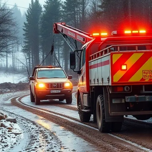A robust tow truck (evacuator) operating in a remote, hard-to-reach area of the Moscow region, such as a forest road, muddy field, or snowy terrain, pulling a stranded vehicle onto a winch. The scene shows the tow truck's bright safety lights, a rugged landscape with trees or snow-covered ground, and a sense of professional rescue in a natural, difficult-to-access environment. No text or signage is visible.