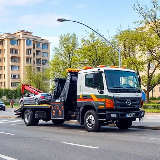 A realistic scene of a modern tow truck parked on a Moscow street in the Medvedkovo district, with typical residential buildings and trees in the background, under a clear sky, showing the vehicle's equipment and a professional driver standing nearby, without any text, logos, or signage