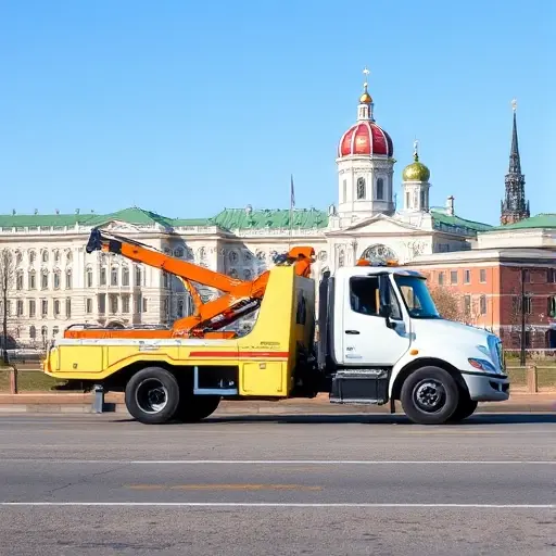 эвакуатор санкт петербург недорого A bright, inviting tow truck parked near a recognizable St. Petersburg landmark such as the Winter Palace or the Church of the Savior on Blood, with the city skyline in the background. The truck should be depicted in a clean, modern style, ready for service, with no people or other vehicles in the scene.