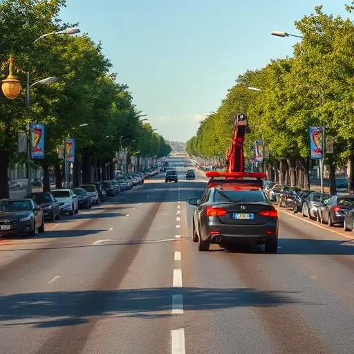 A realistic scene of a tow truck lifting a stalled car on a wide urban boulevard named Alley of Friendship of Peoples, with surrounding trees, streetlights, and other parked cars, illustrating a typical vehicle evacuation situation under a clear sky, without any visible text or signage