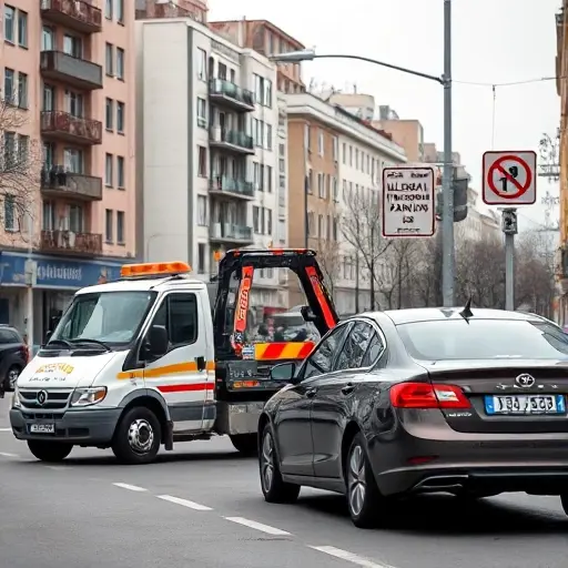A realistic city street scene on Angarskaya Street featuring a tow truck parked beside a car that is being towed. The background shows typical urban buildings and a clear street sign indicating 'illegal parking' in a subtle, non-textual way. The tow truck should be in motion, with a visible winch cable attached to the car, and the scene conveys the urgency of city towing services.