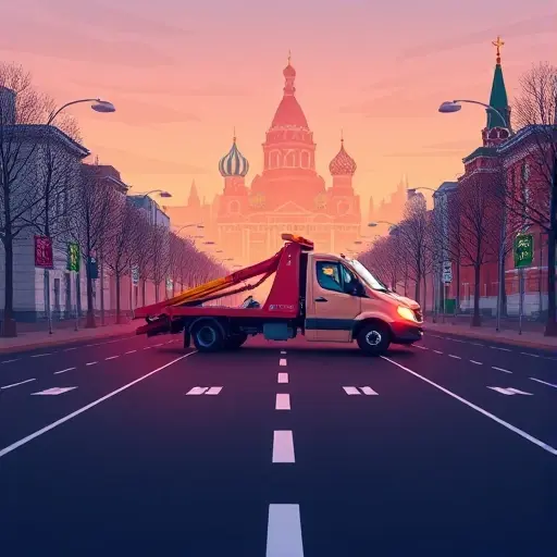 A realistic illustration of a tow truck driving on a Moscow street, with recognizable Moscow architecture such as the Kremlin silhouette in the background, the road extending ahead with subtle distance markers to convey evacuation distance, no text or signage in the scene.