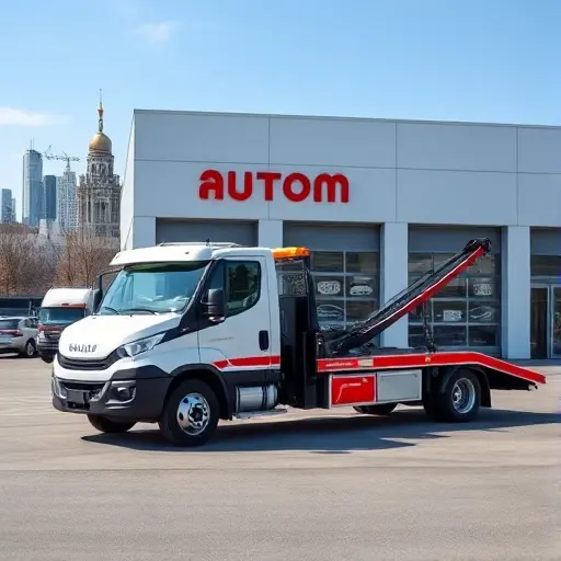A tow truck parked in front of a modern auto repair shop in Moscow, with the city skyline in the background, showing a clear, professional scene without any text or signage.