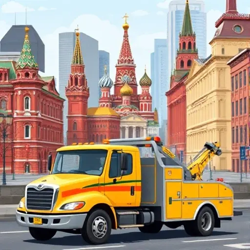 A professional tow truck with a friendly driver, set against a recognizable Moscow cityscape featuring iconic buildings and streets, illustrating a comprehensive guide theme without any text or symbols