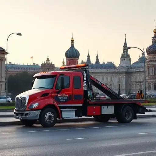 стоимость эвакуатора в москве A tow truck parked on a Moscow street, with the silhouette of the Kremlin and typical city buildings in the background, the vehicle is the focal point, conveying the concept of towing services without any text or numbers