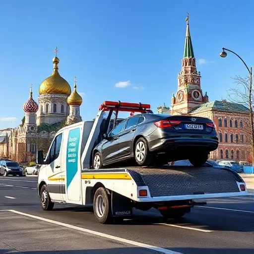 A friendly tow truck parked on a Moscow street with recognizable city architecture in the background, such as the Kremlin dome silhouette, under a clear sky. The scene conveys affordability and approachability, with the truck's open rear showing a car being lifted gently. No signage, text, or logos are present.