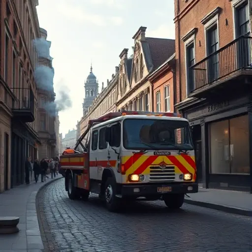 Эвакуатор на Аллее Артиллеристов: Полное Руководство A realistic scene of a tow truck (evacuator) parked on a city street called Alley of Artillerymen, featuring historic artillery-themed architecture, cobblestone road, subtle smoke, and a clear sky, focusing on the vehicle and the atmosphere of the alley, without any text or signage.