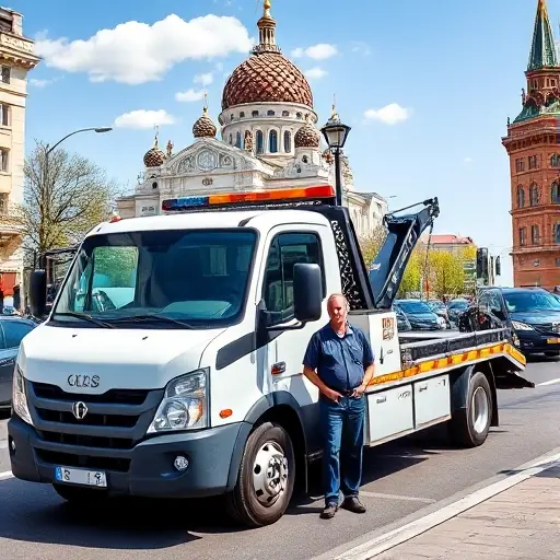 A modern tow truck parked on a busy Moscow street with recognizable landmarks such as the Kremlin dome in the background, a professional driver in a uniform standing beside the vehicle, and a clear, sunny daytime atmosphere. The scene should convey reliability and service without any text or signage.