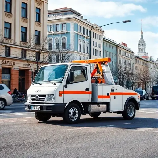A realistic scene of a compact tow truck with a hook, parked on a Moscow street near generic city buildings, conveying an affordable service vibe, bright daylight, clean composition, no text or logos