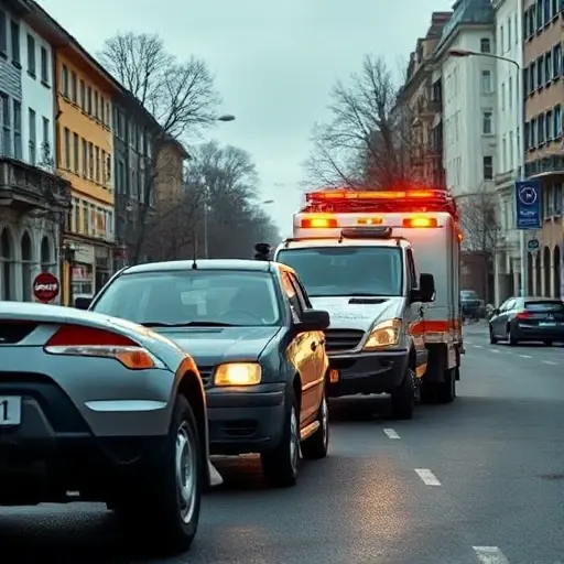 A realistic scene of a tow truck pulling a car on a city street named Academic Proezd, with the tow truck's hook attached to the car's front bumper, the street lined with typical urban buildings, streetlights, and a few parked cars. The focus is on the action of the vehicle evacuation, showing the tow truck's lights flashing, the car being lifted slightly off the ground, and the surrounding road surface. No text, signs, or logos should be visible in the image.
