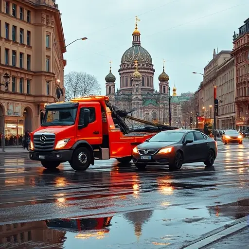 вызвать эвакуатор москва A realistic scene of a tow truck operating on a Moscow street, with the iconic Kremlin dome visible in the background, the driver assisting a stranded car on a wet road, city lights reflecting on puddles, and typical Russian urban architecture surrounding the scene
